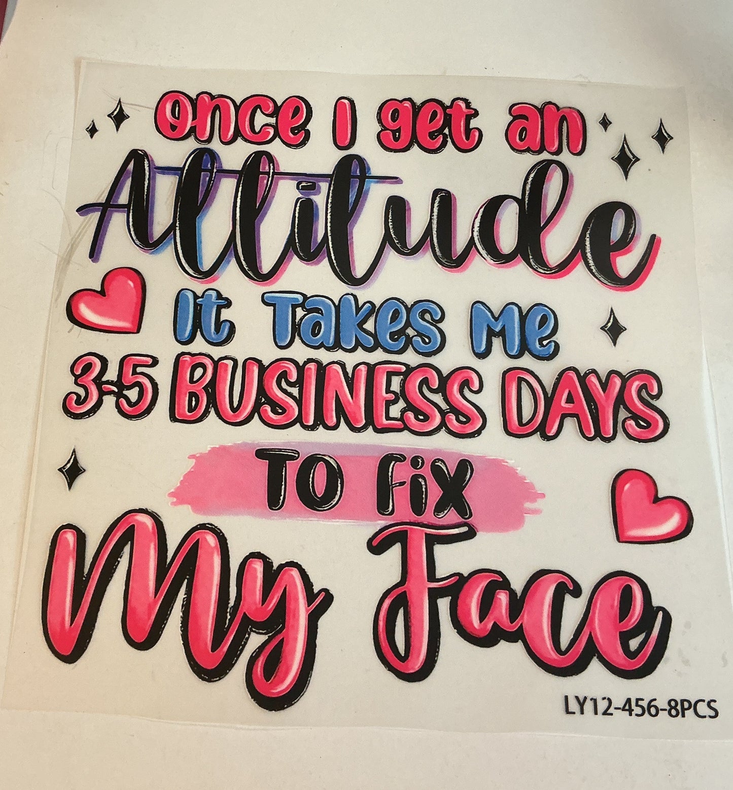 Once I get an Attitude it takes about 3-5 Business Days to fix my face